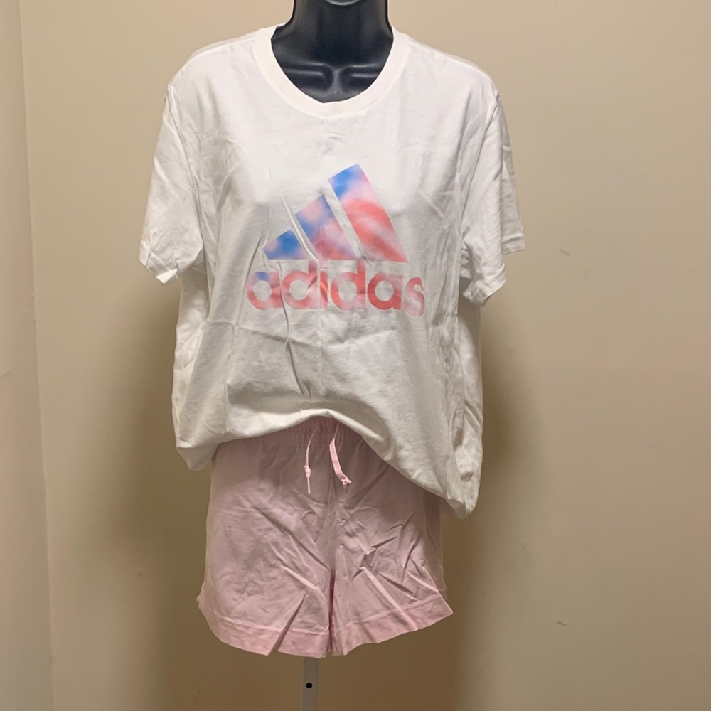 Adidas White Tee with Pink and Blue Logo